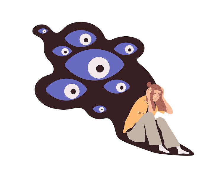 Vetor delírios persecutórios de pessoas com problemas de saúde mental. conceito paranóico. mulher obsessiva em pânico, sofre de medos e ansiedade. ilustração em vetor gráfico plano isolada no fundo branco