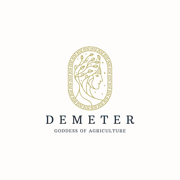 Demeter, a deusa grega antiga dos grãos e da agricultura, modelo de design de ícone de logotipo, estilo de linha plano