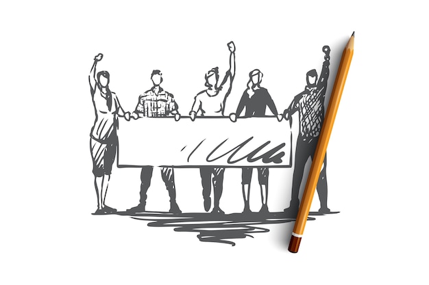 Demonstração, motins, conceito de comícios. Pessoas com sinais nas mãos participando de rali. Ilustração de esboço desenhado à mão