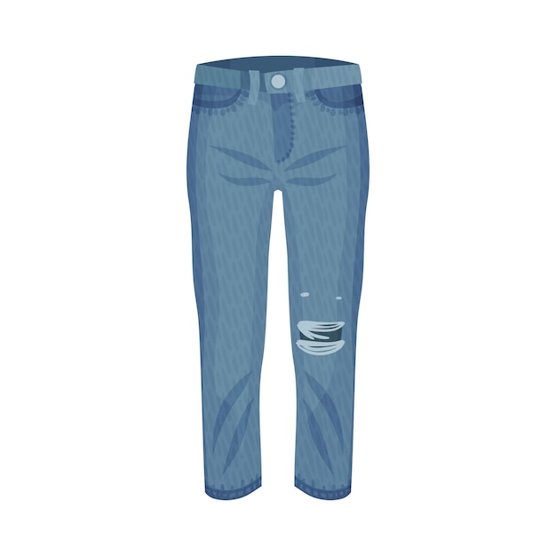Denim azul rasgado par de jeans com bolsos laterais como ilustração vetorial de roupas femininas