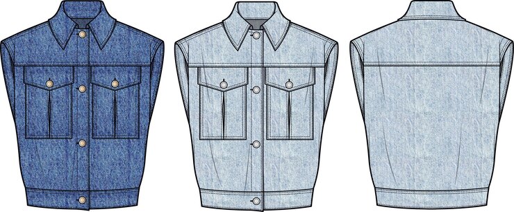 Vetor denim design jaqueta sem mangas frente e costas esboço plano desenho técnico ilustração vetorial temp