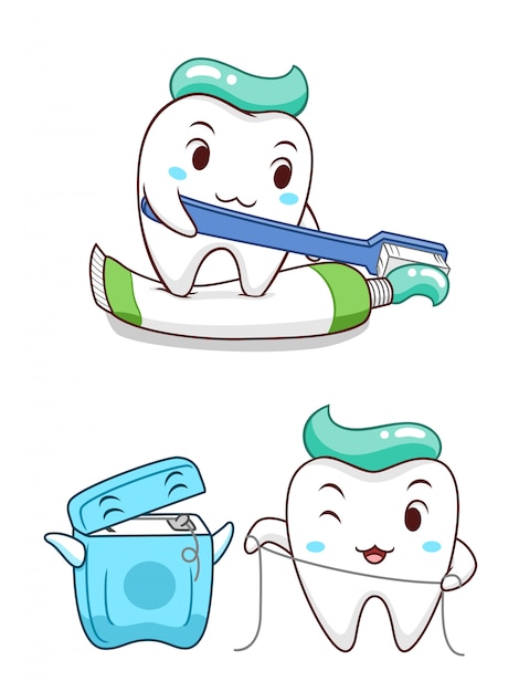 Vetor dente bonito dos desenhos animados que espreme o dentífrico e que se limpa com fio dental.