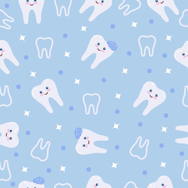 Dente bonito kawaii padrão perfeito para crianças ou suprimentos de dentista pediátrico Pastel azul e branco molares padrão de repetição de estoque vetorial para fundo de cartaz