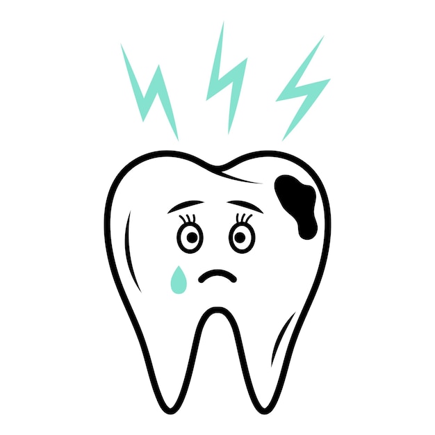 Vetor dente carinhoso personagem triste com cárie chorando ícone de rabisco linear com ícone de relâmpago azul dor de dente