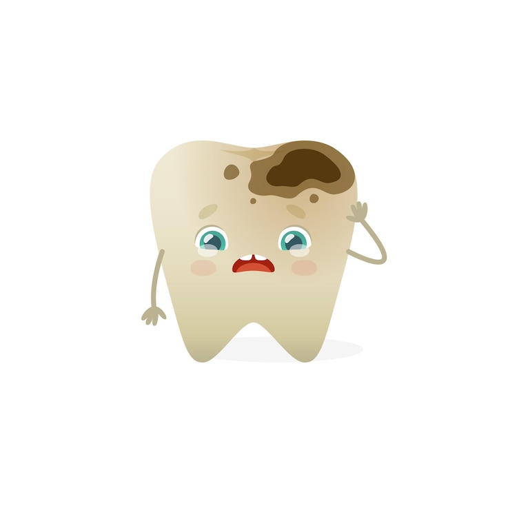 Vetor dente chorando com cavidade mascote de dente de desenho animado com cárie ilustração fofa com cárie dentária
