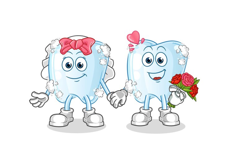 Vetor dente com vetor de mascote de desenho animado de casamento de espuma