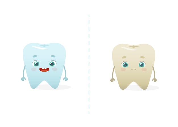 Dente de desenho animado com escurecimento do esmalte problema dentário antes vs depois com mascote fofo