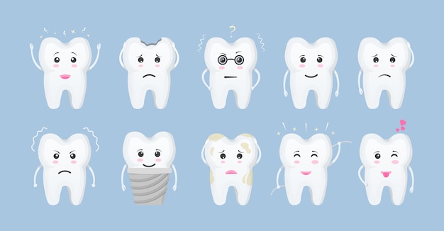 Dente de desenho animado. dentes bonitos com emoções diferentes para design de etiqueta. sorrindo e chateado os dentes dos personagens animados. conceito de higiene bucal e odontologia. estilo simples isolado