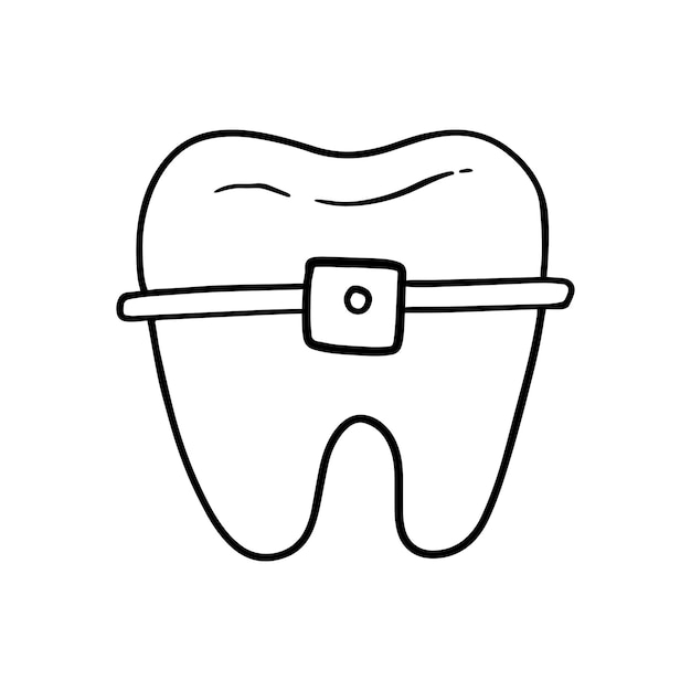 Dente humano com aparelho alinhamento dos dentes odontologia medicina doodle coloração linear dos desenhos animados