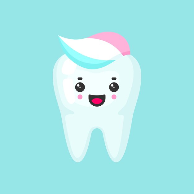 Vetor dente limpo com uma pasta de dentes com rosto emocional bonito ícone vetorial colorido ilustração