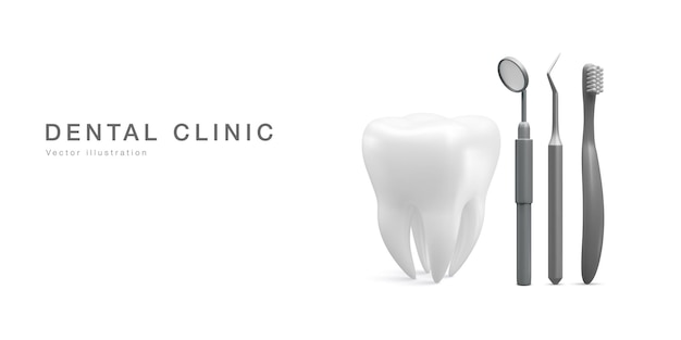 Dente realista e ferramentas dentárias para dentes isolados no fundo branco Ferramenta de dentista médico odontologia higiene de saúde conceito ilustração vetorial