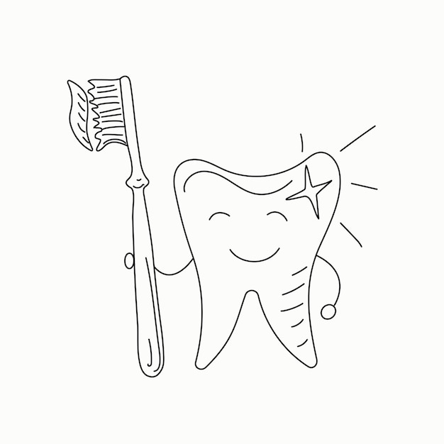 Dente saudável com uma escova de dentes e pasta estilo doodle dente branco feliz brilhante higiene oral caráter feliz dental