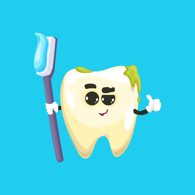 Dente sujo com escova, personagem de desenho animado emoticon