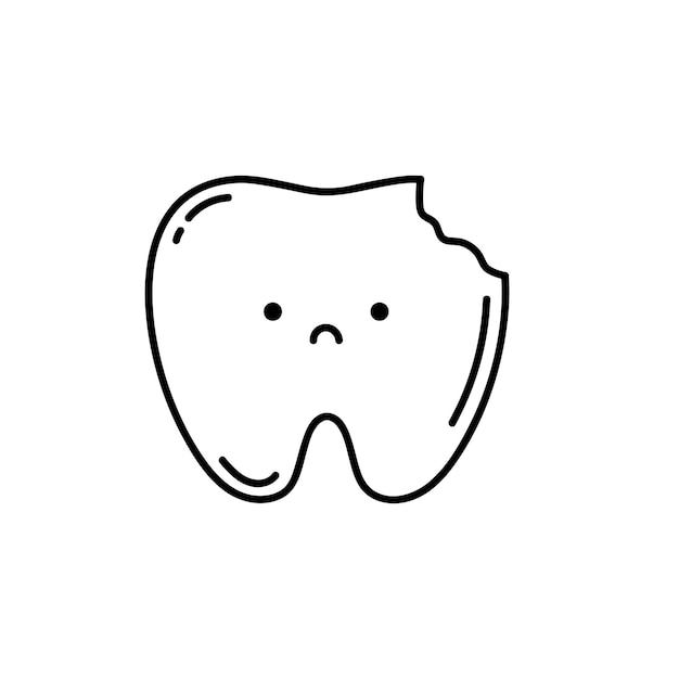 Dente triste com cárie Personagem de dente fofo infantil para odontologia Ilustração vetorial em doodle