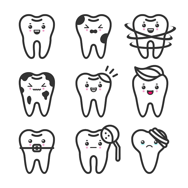 Dentes bonitos delineiam vetor definido com emoções diferentes condições diferentes dos dentes