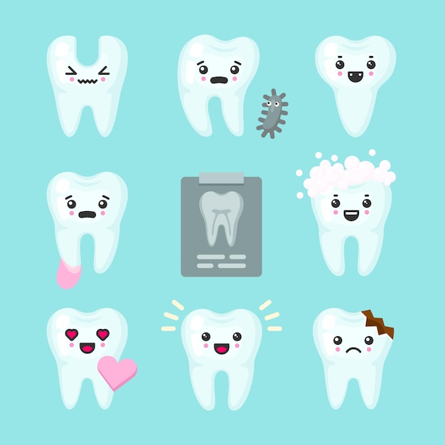 Dentes bonitos e coloridos com diferentes emoções