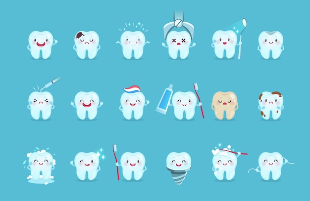 Dentes de desenho animado. Personagens fofinhos com diferentes emoções e ferramentas de higiene, limpeza de dentes com pasta de dentes e escova de dentes, clínica de odontologia infantil de cuidados orais infantis para vetor de cartaz conjunto isolado