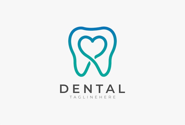 Vetor dentes do logotipo de atendimento odontológico com ícone de coração dentro da ilustração vetorial