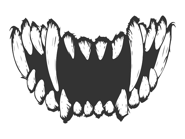 Vetor dentes em um sorriso fang vector ilustração isolado no branco impressão monocromática em preto e branco