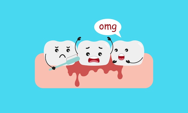 Dentes sangrando durante a limpeza escovando com vetor de personagem de desenho animado de ilustração de escova de dentes