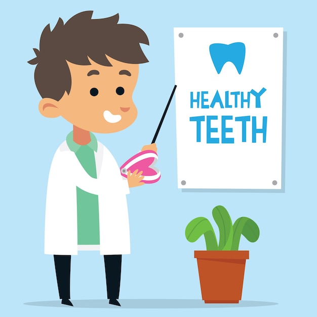 Dentista bonito dos desenhos animados que aponta um cartaz saudável dos dentes