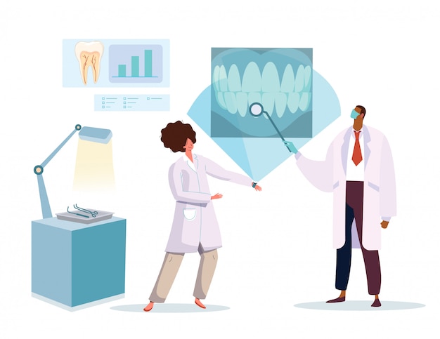 Dentista e enfermeira olhando foto de raio-x de dentes saudáveis, ilustração vetorial