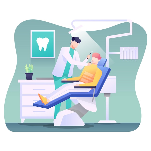 Dentista examinando um paciente em uma clínica dentária