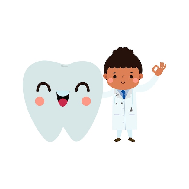 Vetor dentista feliz com personagem de dente ilustração vetorial de estilo plano de desenho animado em fundo branco