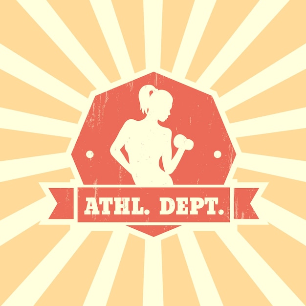 Departamento atlético design vintage com garota atlética, distintivo vintage, modelo de logotipo de fitness, ilustração vetorial