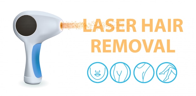 Depilador a laser e ícones com áreas para depilação