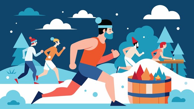 Vetor depois de uma longa corrida no frio do inverno, os corredores dirigem-se à sauna para descongelar e relaxar os músculos apertados.