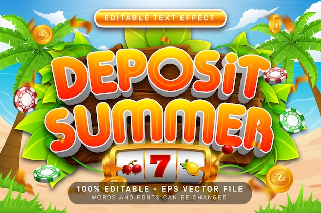 Vetor depósito de efeito de texto 3d de verão e efeito de texto editável com ilustração de verão na praia