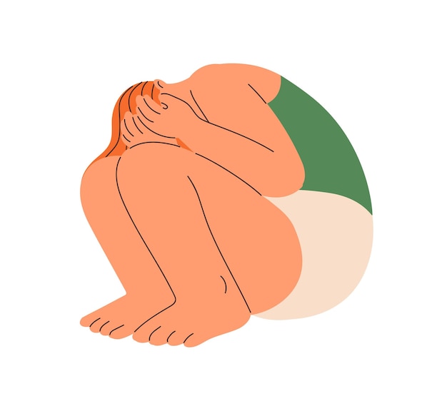 Depressão, tristeza, medo, mulher ansiosa, ansiedade, estresse, medo e vergonha, emoções, problemas psicológicos, saúde mental e conceito de dor. Ilustração gráfica vetorial plana isolada em fundo branco