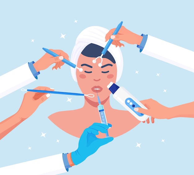 Dermatologia e Cosmetologia. Massagem Facial, Injeção de Beleza, Lifting Facial e Pescoço, Tratamento Anti-Idade. Cuidados com a pele e procedimento de cura da epiderme. Paciente e cosmetologista com equipamentos de beleza