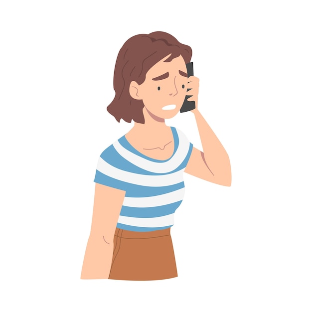 Desapontado com más notícias Personagem feminina falando por telefone Ilustração vetorial