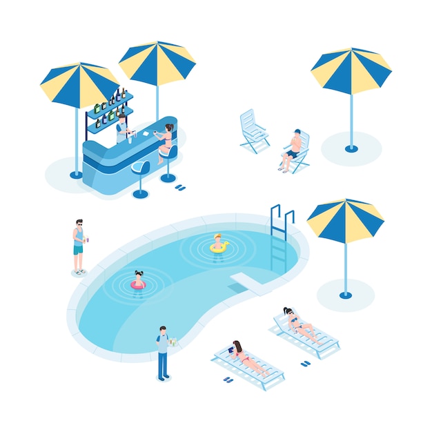 Descanso de verão perto de ilustração vetorial isométrica de piscina. turistas com crianças, personagens de desenhos animados do pessoal do hotel 3d. crianças, nade, mulheres, sunbathing, garçom, segurando, servindo bandeja, com, coquetéis