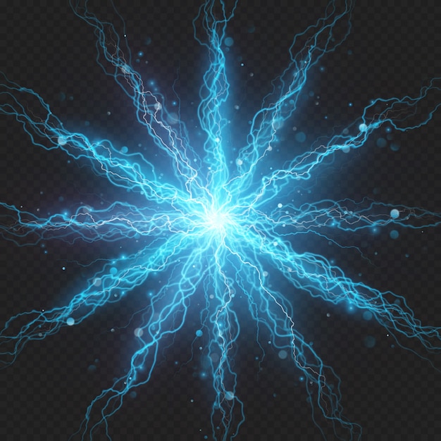 Vetor descarga relâmpago de eletricidade em fundo transparente. efeito visual elétrico azul.