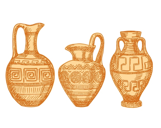 Vetor descobertas arqueológicas vasos e jarros esboço antigas panelas decorativas isoladas em fundo branco antiga argila antiga grécia cerâmica tigelas de cerâmica ilustração vetorial