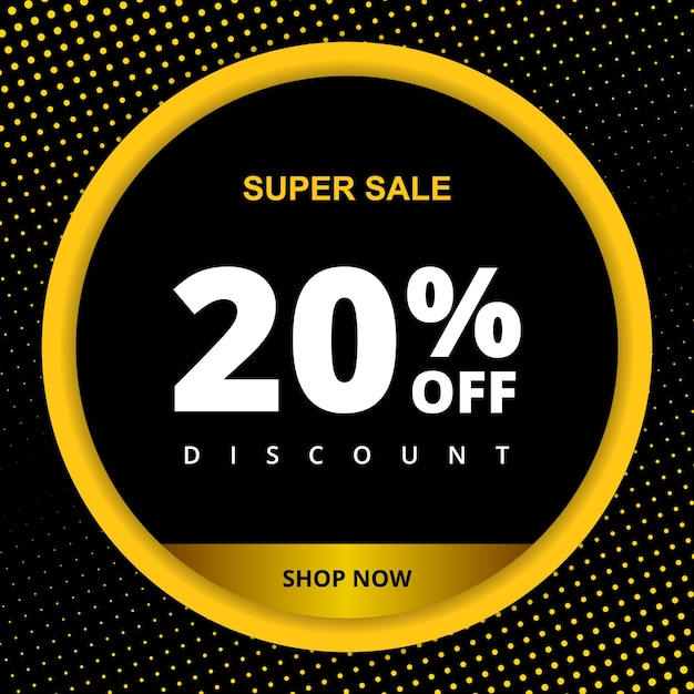 Desconto de 20% de desconto venda de oferta especial 20% de desconto oferta de desconto de venda banner de promoção vetorial desconto de vinte por cento no círculo preto e amarelo sobre fundo preto com pontos de meio-tom