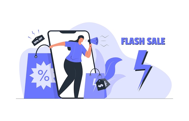 Vetor desconto de compras online e ilustração de conceito plano de venda flash