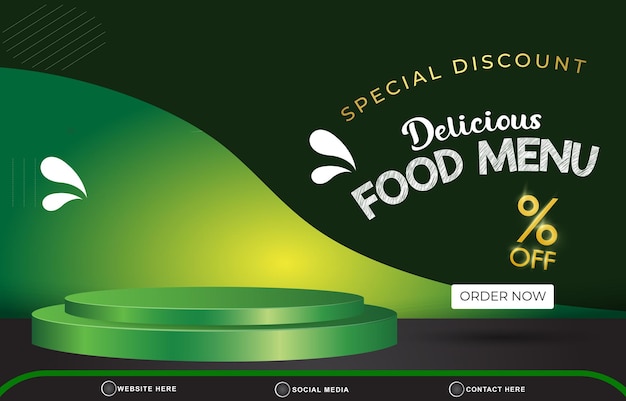 Vetor desconto especial menu de comida deliciosa venda paisagem banner de modelo de mídia social com espaço de cópia pódio 3d para venda de alimentos com design de fundo verde gradiente abstrato