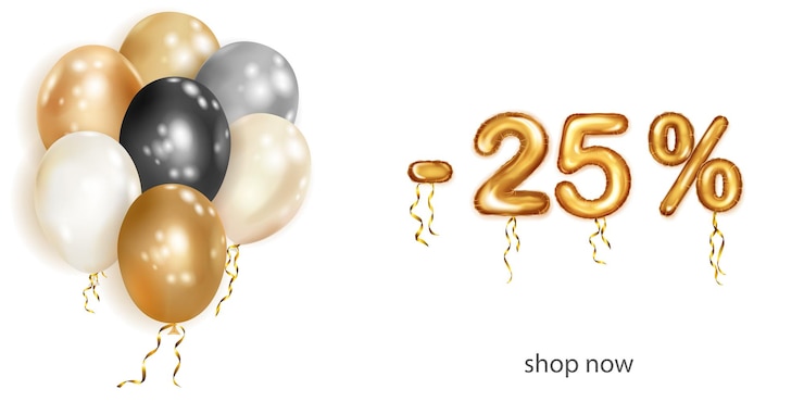 Vetor desconto ilustração criativa com balões voadores de hélio preto e dourado branco e números de folha dourada 25% de desconto no cartaz de venda com oferta especial em fundo branco