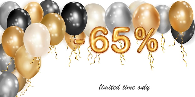 Desconto ilustração criativa com balões voadores de hélio preto e dourado branco e números de folha dourada 65% de desconto no cartaz de venda com oferta especial em fundo branco