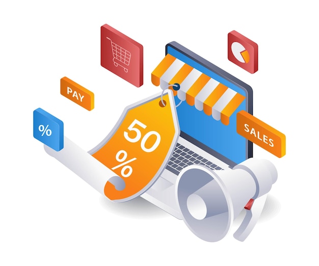 Vetor descontos em compras on-line e mercado de comércio eletrônico infográfico isométrico plano ilustração 3d