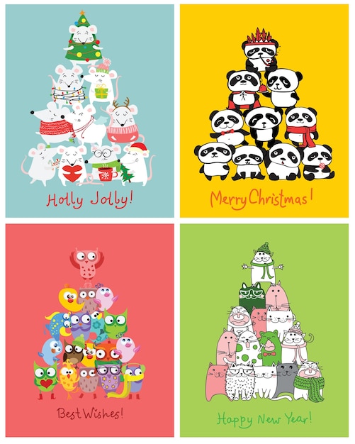 Desejamos a você um Feliz Natal e um Próspero Ano Novo. Cartões de Natal fofos com ratos, pássaros, gatos e carros fofos i