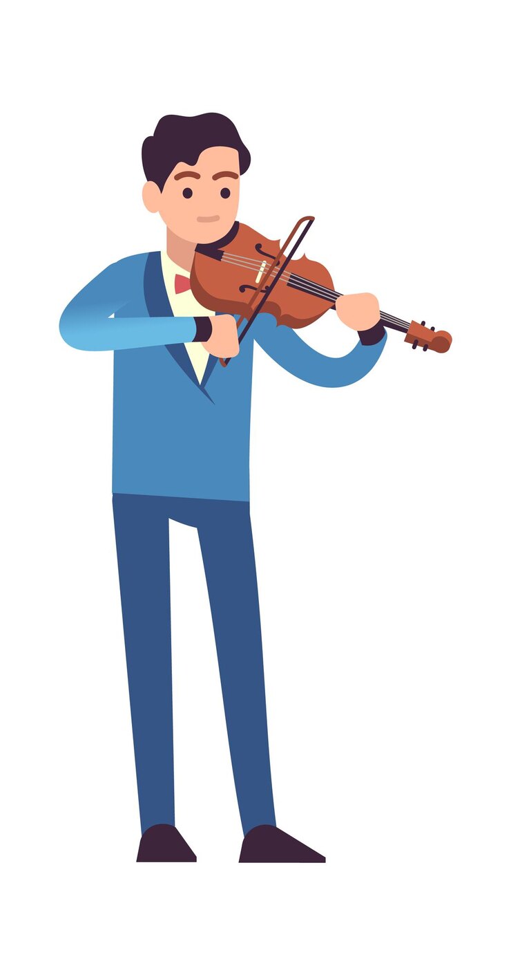 Vetor desempenho do violinista. músico masculino clássico de vestido azul com violino toca melodia, instrumento musical de cordas, conceito de entretenimento de show de música acústica ilustração isolada de desenho vetorial plano