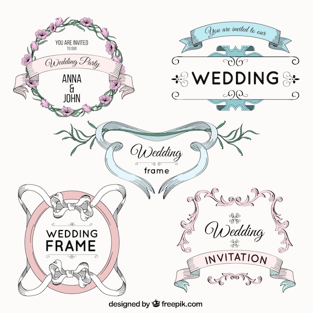 Vetor desenhadas mão emblemas de casamento retro