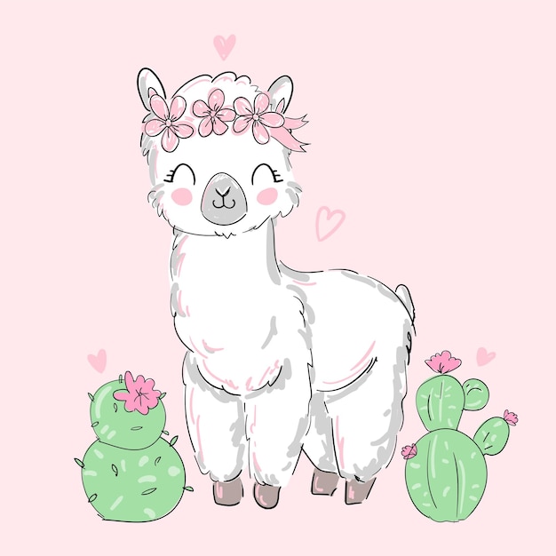 Vetor desenhado à mão alpaca fofa, lama e flores