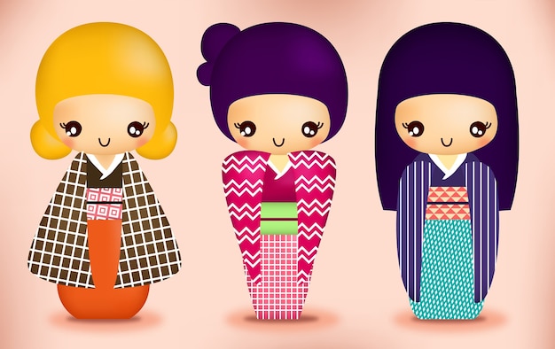 Kawaii Pequenas Bonecas Kokeshi Tradicionais Meninas Japonesas Quimono  Ilustrações Vetoriais imagem vetorial de arizona--dream© 439552022