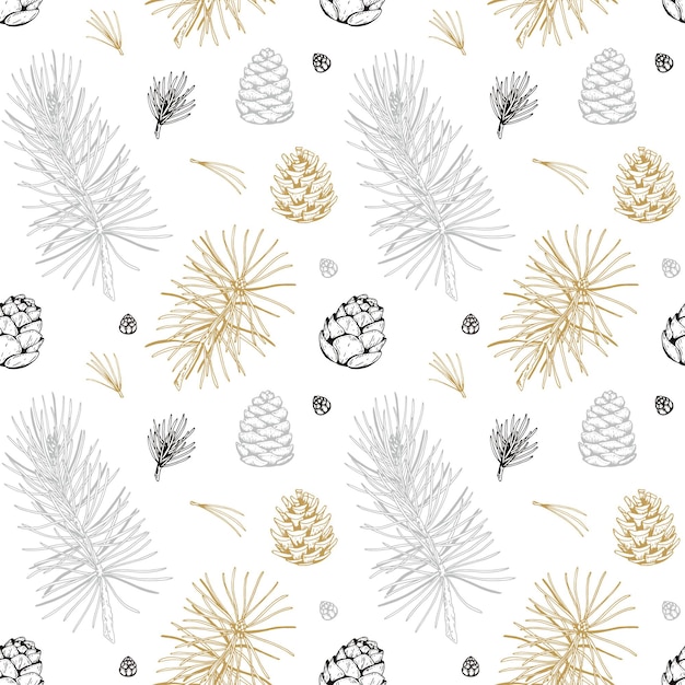 Desenhado à mão o padrão de natal e ano novo com cones dourados e ramos de pinheiro